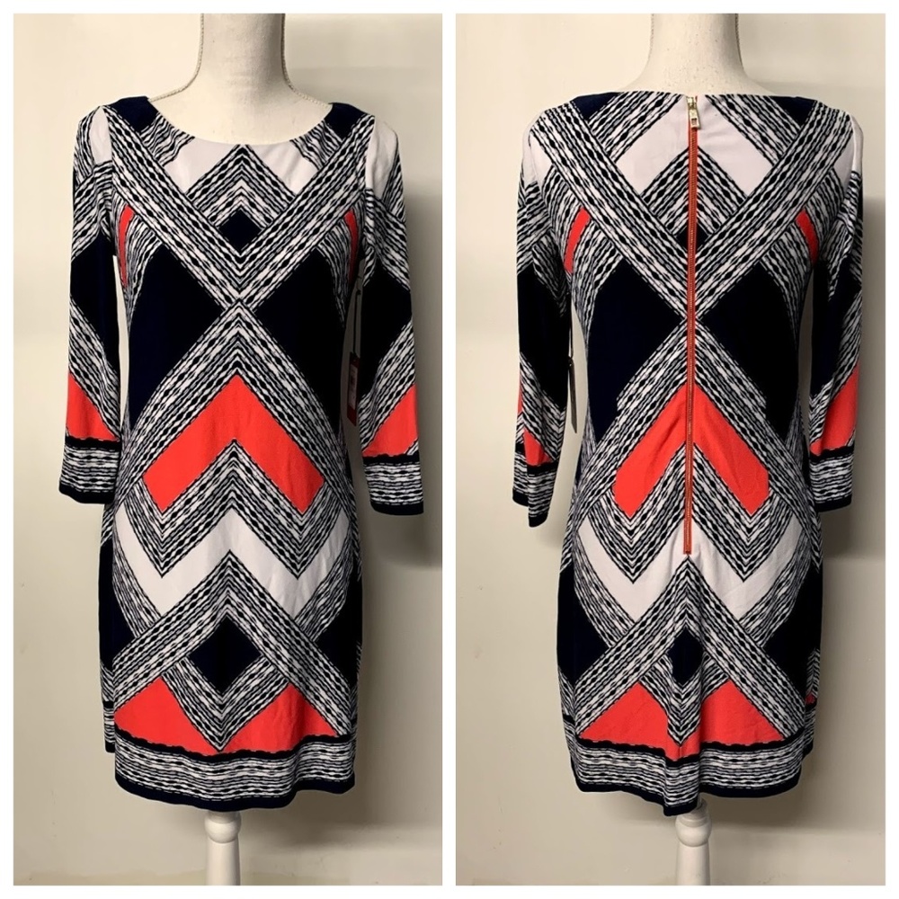 NWT Vince Camuto Coral Pink & Blue Chevron Dress